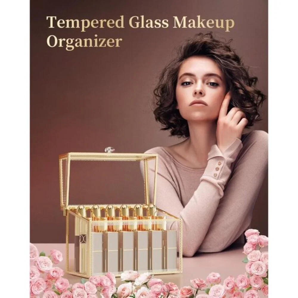 New Luxury Glass Lipstick Organizer, 18-Slot Gold Vanity Holder for Nail Polish